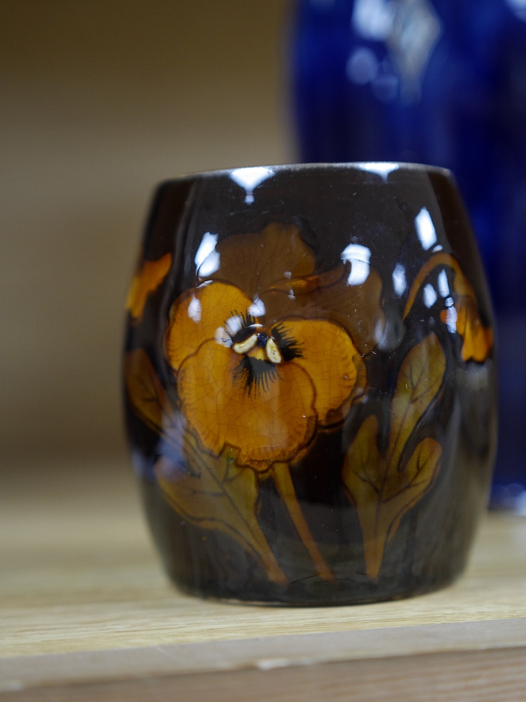 A Doulton stoneware vase, Meissen floral dish and another pot, largest 26cm wide. Condition - good